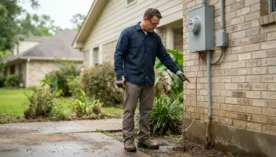 Electrician traces grounding electrode conductor from meter to ground rod for Baton Rouge, LA lightning protection