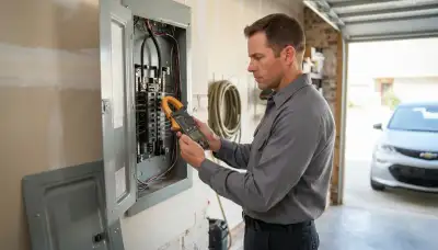 Baton Rouge, LA electrician uses a clamp meter for home EV charger load calculation at the electrical panel