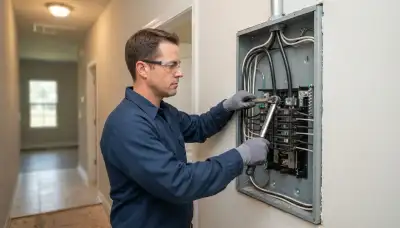 Electrician torquing feeder conductors and bonding neutral-ground bars during panel installation in Baton Rouge, LA