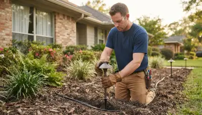 Electrician installing low-voltage landscape lighting fixtures and buried cable in a Baton Rouge, LA yard