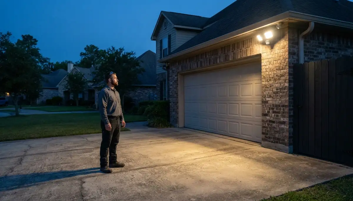 Electrician tests motion-activated security light coverage on a Baton Rouge, LA driveway and garage