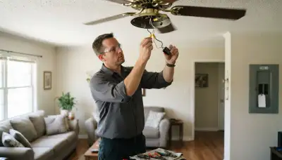 Electrician replacing a ceiling fan capacitor with power locked off in Baton Rouge, LA