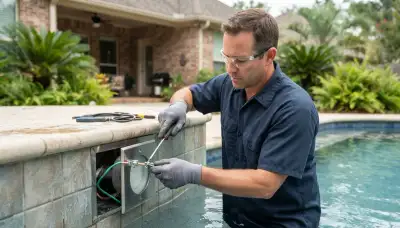 Electrician replacing a pool light fixture and securing the bonding connection in Baton Rouge, LA