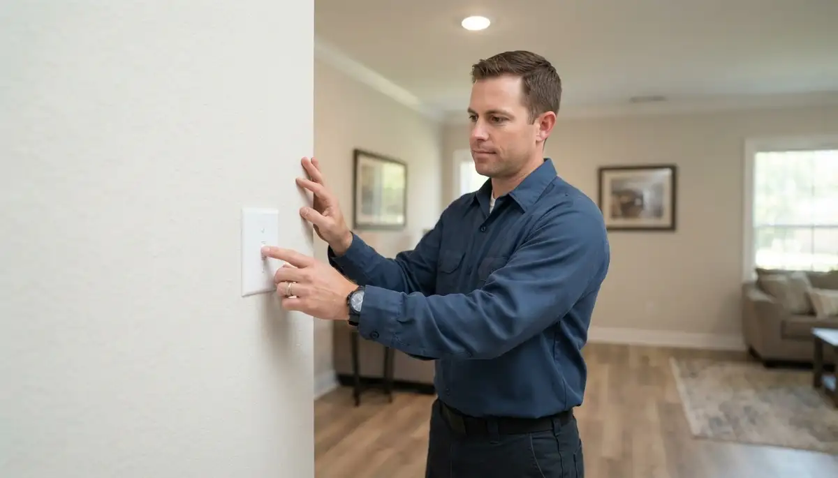 Electrician in Baton Rouge, LA tests a newly installed light switch after repair in an older home