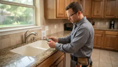 Electrician tests kitchen outlets for GFCI protection in a Baton Rouge, LA home