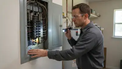 Electrician inspecting a home's electrical panel and breakers during a Baton Rouge, LA electrical inspection