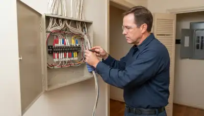 Technician wiring labeled fire alarm zones at a control panel in Baton Rouge, LA
