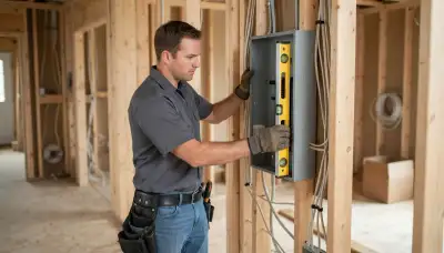 Baton Rouge electrician leveling a new electrical panel enclosure between wall studs during rough-in installation