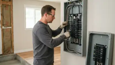 Electrician upgrading an electrical panel in an older home in Baker, LA