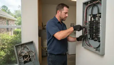 Electrician upgrading an older home’s electrical panel in Denham Springs, LA