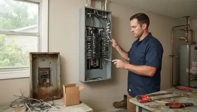 Electrician upgrading an outdated electrical panel in an older Erwinville, LA home