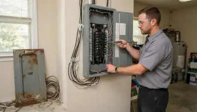 Electrician upgrading an electrical panel in an older Geismar, LA home