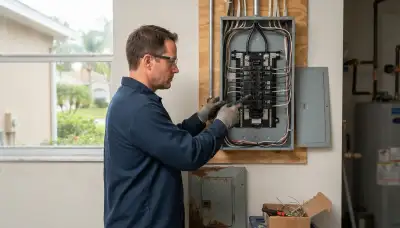 Electrician upgrading an older home's electrical panel to 200 amps in Lakeland, LA