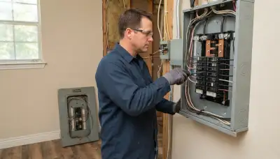 Electrician upgrading an electrical panel in an older Rougon, LA home