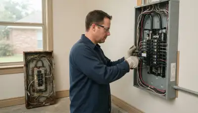 Electrician upgrading an electrical panel in an older Zachary, LA home