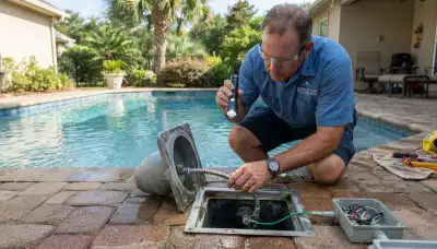 Electrician inspects pool light bonding and fixture housing at a Baton Rouge, LA home