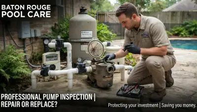 Electrician assessing a residential pool pump strainer basket and shaft seal in Baton Rouge, LA