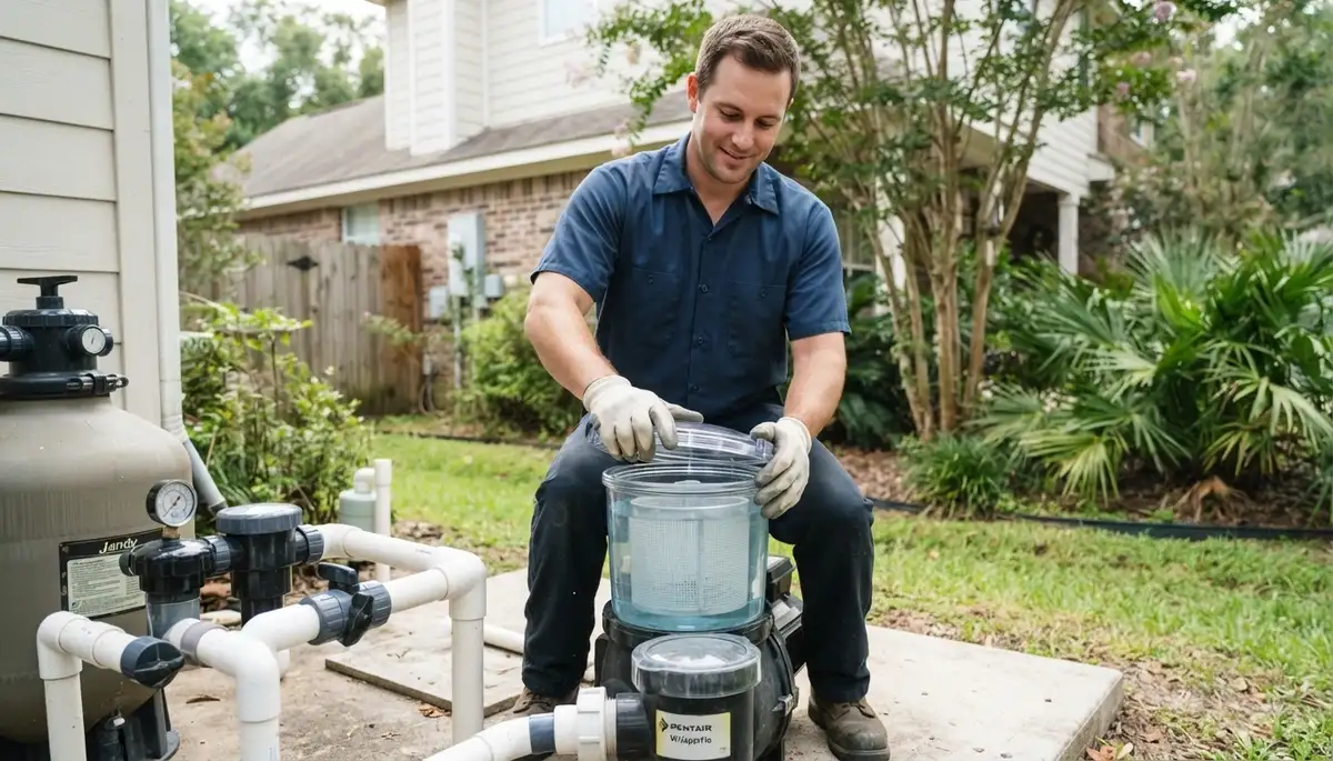 Technician closes a pool pump strainer lid during flow verification in Baton Rouge, LA