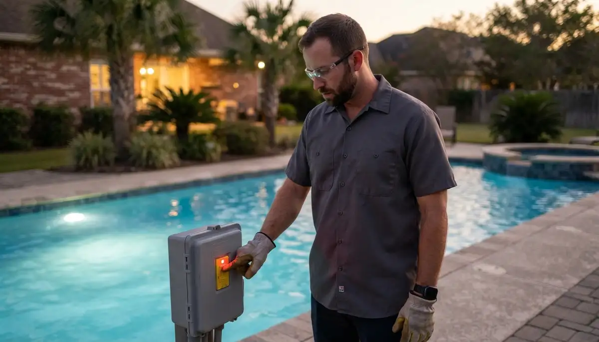 Baton Rouge electrician tests ground-fault protection at pool light panel over illuminated water