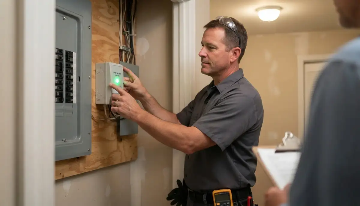 Electrician verifies installed whole-home surge protector status for a Baton Rouge, LA homeowner