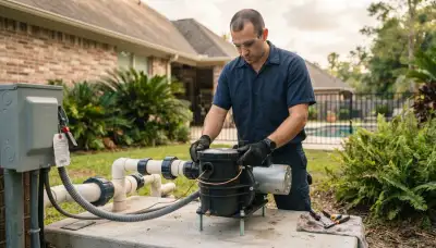 Electrician secures a new pool pump and bonding wire during installation in Baton Rouge, LA