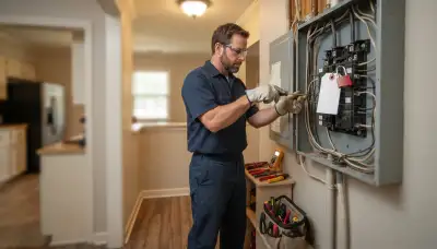 Baton Rouge, LA electrician safely repairs a circuit using a lockout tag, gloves, and screwdriver