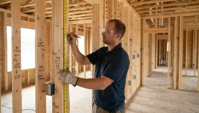 Electrician marking outlet heights and circuit runs on open framing for Baton Rouge, LA new construction wiring