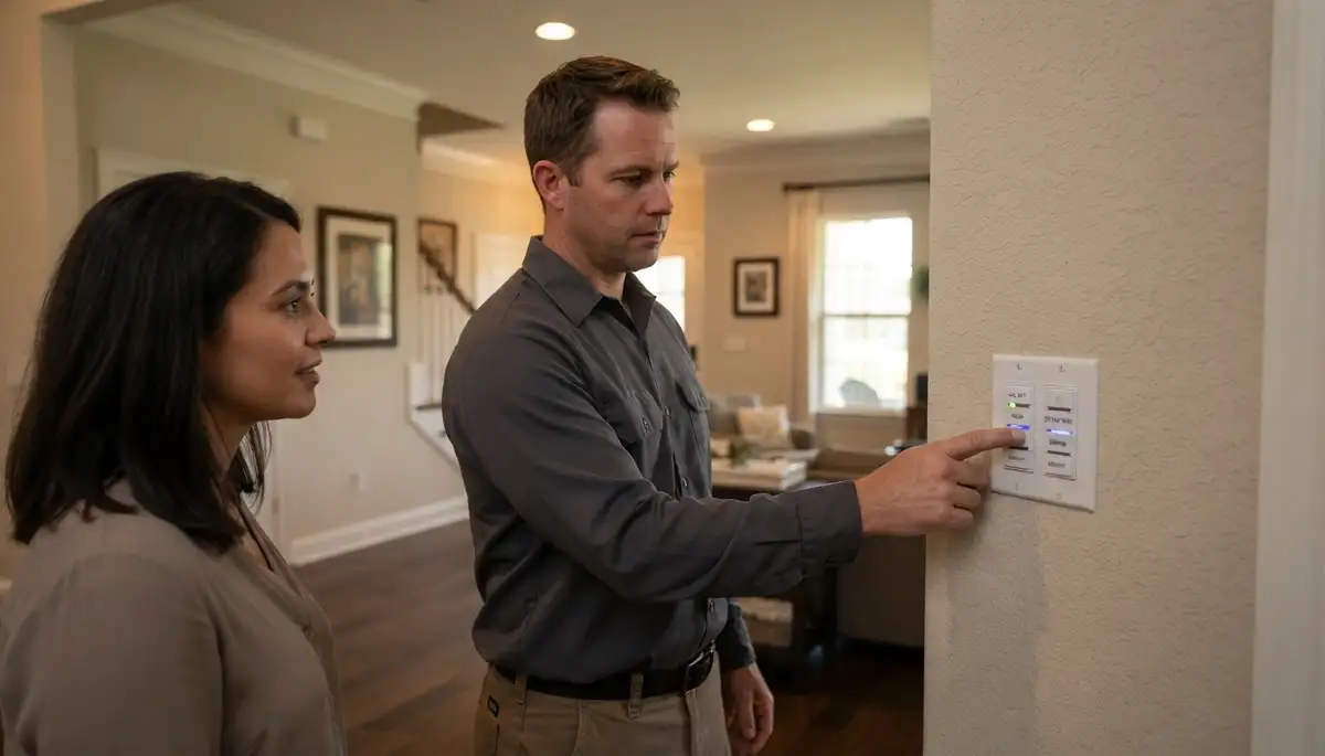 Electrician tests programmable lighting scenes with a homeowner in Baton Rouge, LA
