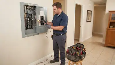 Baton Rouge, LA electrician diagnoses a home's electrical panel with a voltage tester during a service call