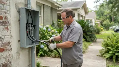 Electrician replacing service conductors in a new meter base at a Baton Rouge, LA home