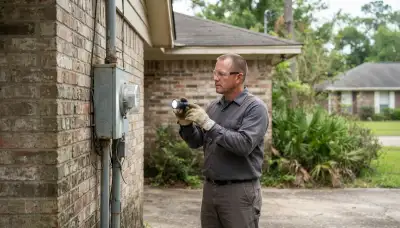 Licensed electrician inspecting a home's service entrance, meter, and weatherhead in Baton Rouge, LA