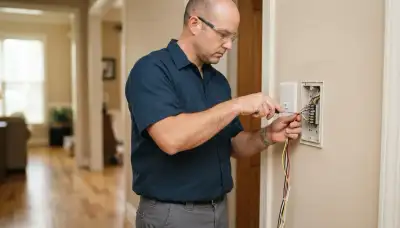 Electrician landing control wires on an intercom station terminal in a Baton Rouge, LA home