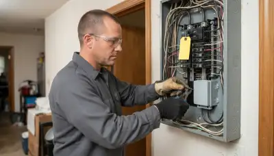 Electrician installs a whole-home surge protector at an electrical panel in a Baton Rouge, LA home