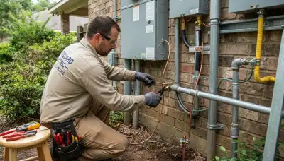 Electrician installs bonding jumpers and ground clamps for lightning surge protection in Baton Rouge, LA