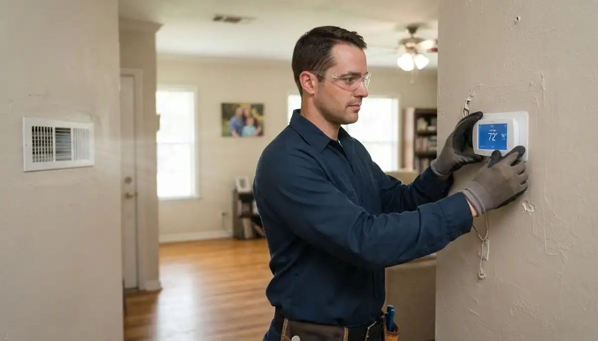 Electrician tests a new thermostat in Baton Rouge, LA, verifying heating and cooling cycles
