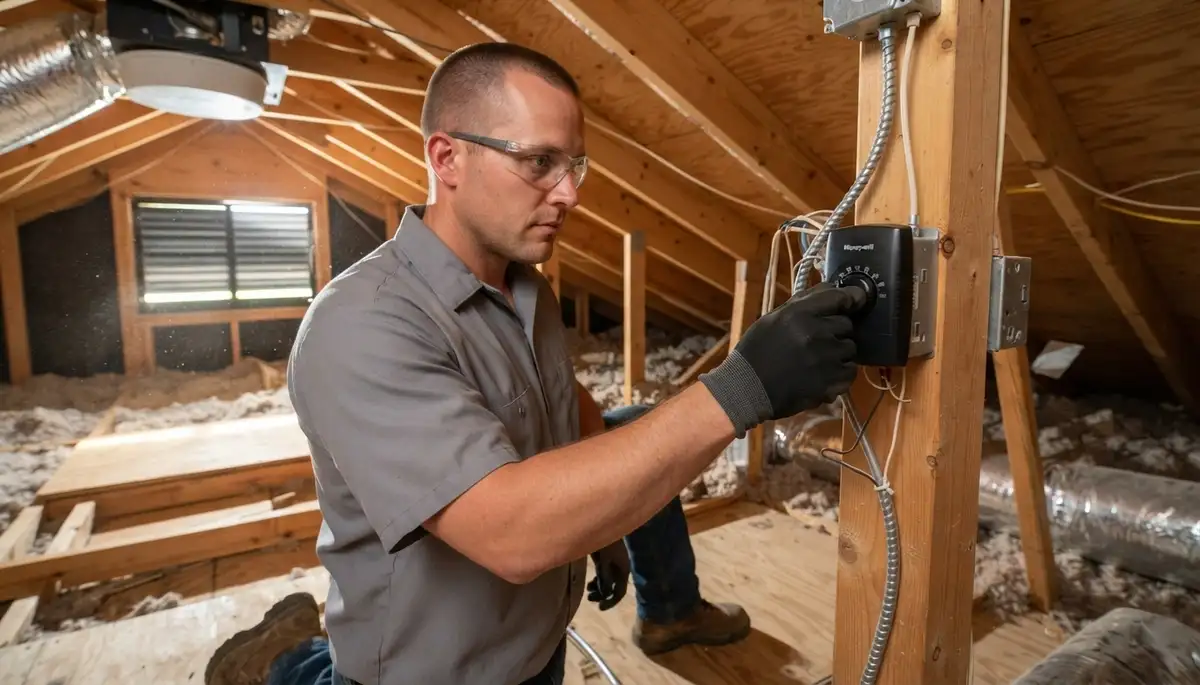Electrician adjusts attic fan thermostat and verifies soffit airflow in a Baton Rouge, LA attic