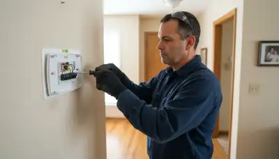 Electrician wiring and leveling a new thermostat base in a Baton Rouge, LA home