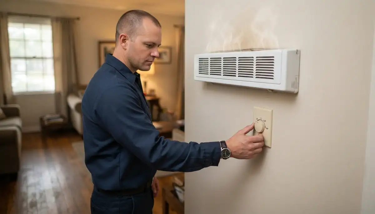 Technician adjusts an electric heater thermostat during output verification in Baton Rouge, LA