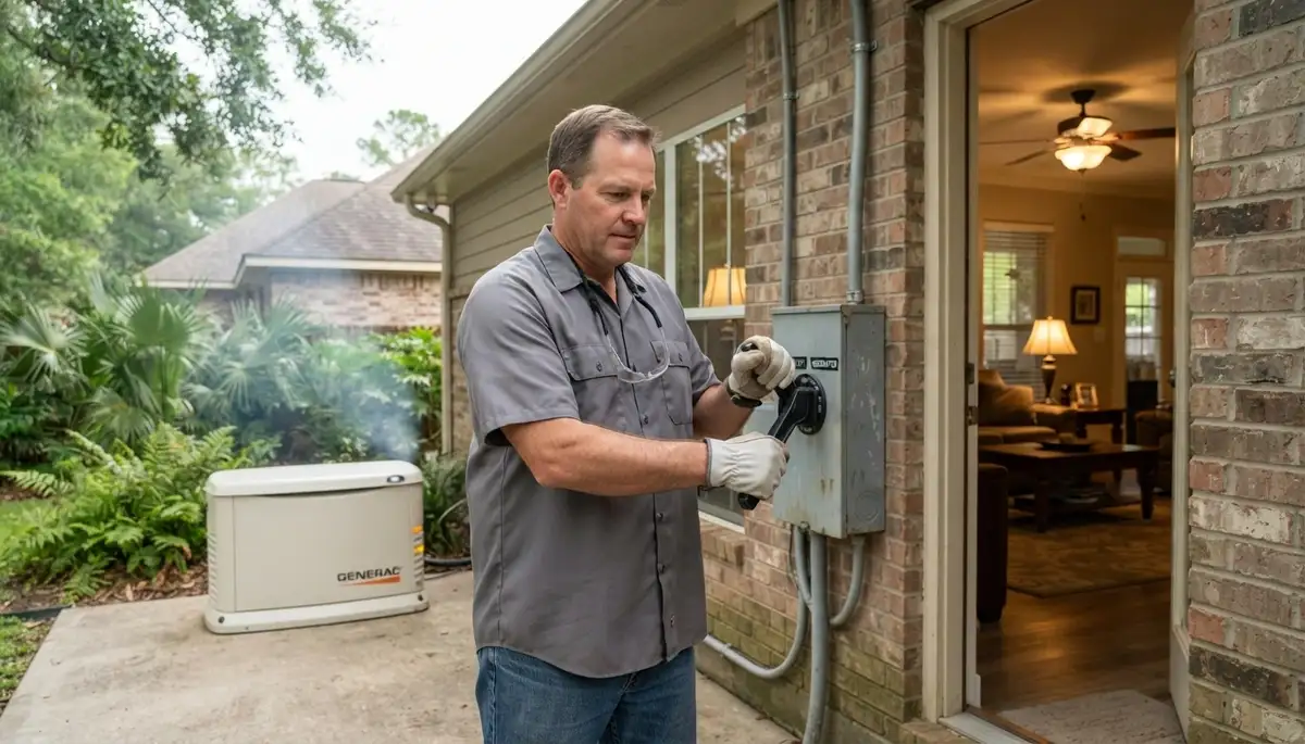 Baton Rouge, LA electrician tests a generator transfer switch to verify backup power for a home