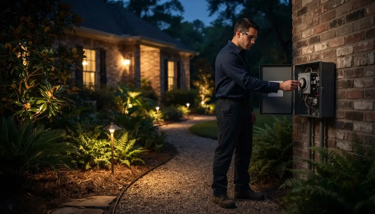 Baton Rouge, LA landscape lighting technician adjusts a transformer timer and aims glowing path lights at dusk