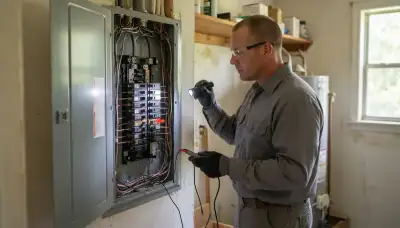 Electrician performing a whole-home electrical inspection in Erwinville, LA, checking breakers, wiring, and connections