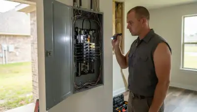 Electrician inspecting a residential breaker panel during a whole-home electrical inspection in Zachary, LA