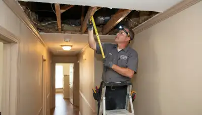 Electrician measures Baton Rouge, LA hallway ceiling joists for whole-house fan placement and attic clearance