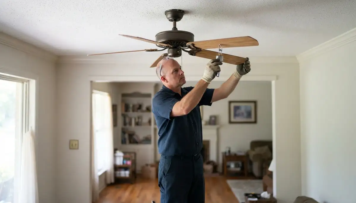 Electrician applying a balancing weight to a ceiling fan blade in Baton Rouge, LA