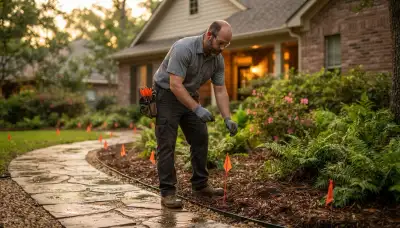 Electrician staking landscape lighting fixtures along a Baton Rouge, LA pathway before trenching